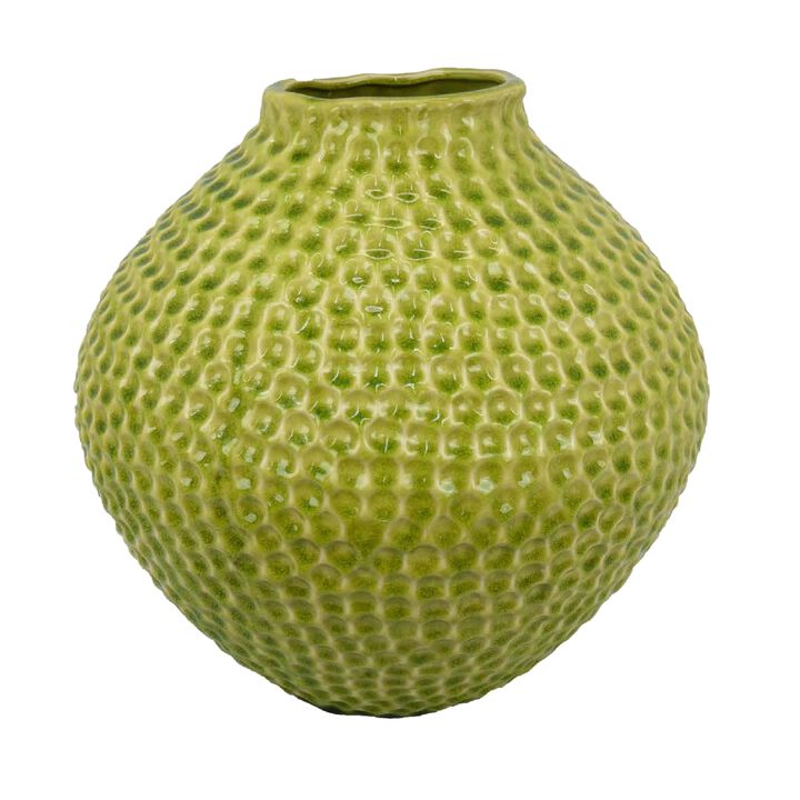 Evans Accent Vase, Embossed Textured Surface, Green Ceramic 14 Inch - Benzara