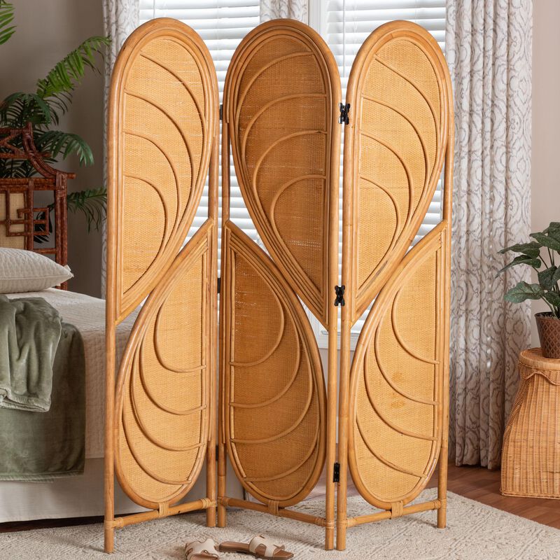 bali & pari Kiyoko Natural Rattan Room Divider - Handwoven Wicker Tri-Fold Decorative Privacy Screen with Woven Leaf Motif image number 5