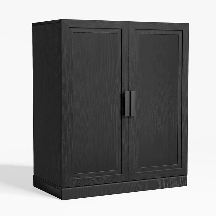 Black Wood Grain Buffet Cabinet, Storage Organizer with Adjustable Shelves and Rattan Doors