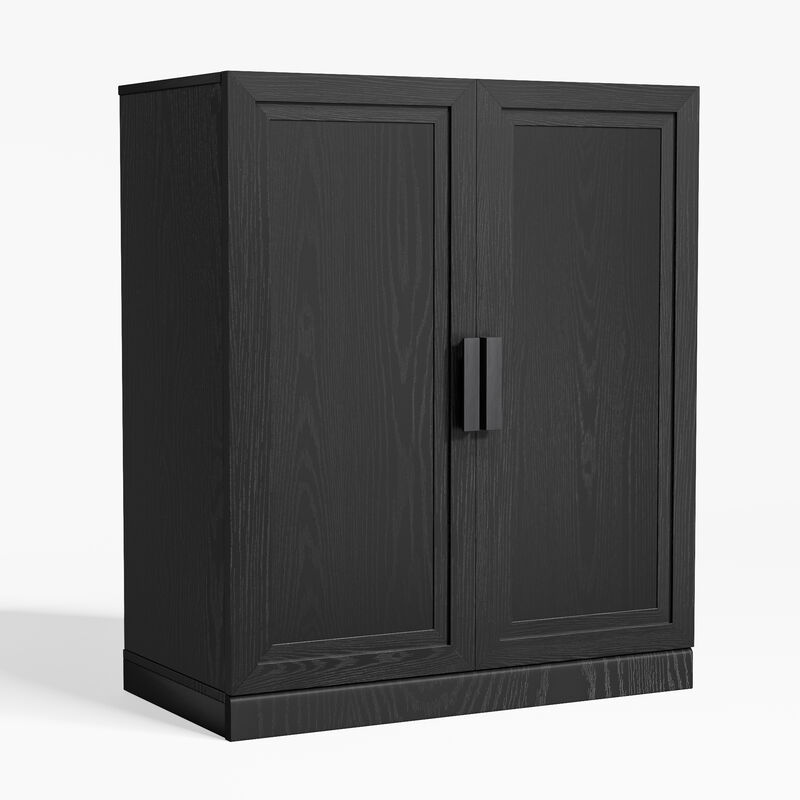 Black Wood Grain Buffet Cabinet, Storage Organizer with Adjustable Shelves and Rattan Doors image number 0