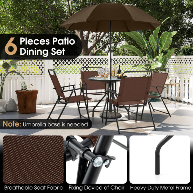 Mondawe 6-Piece Patio Dining Set With 71" Tilt Umbrella, 4 Folding Chairs & Tempered Glass Table