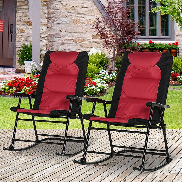 2 Piece Folding Rocking Chair Set with Armrests, Padded Seat and Backrest, Red & Black
