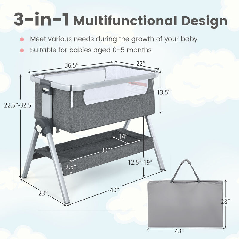Baby Bassinet Bedside Sleeper with Storage Basket and Wheel for Newborn