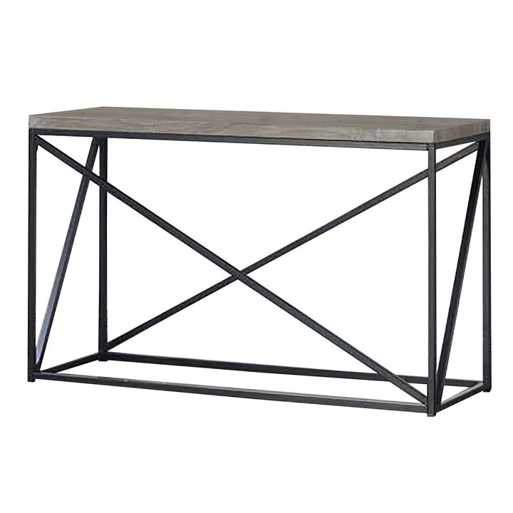 Industrial Style Minimal Sofa Table With Wooden Top And Metallic Base, Sonoma Gray-Benzara