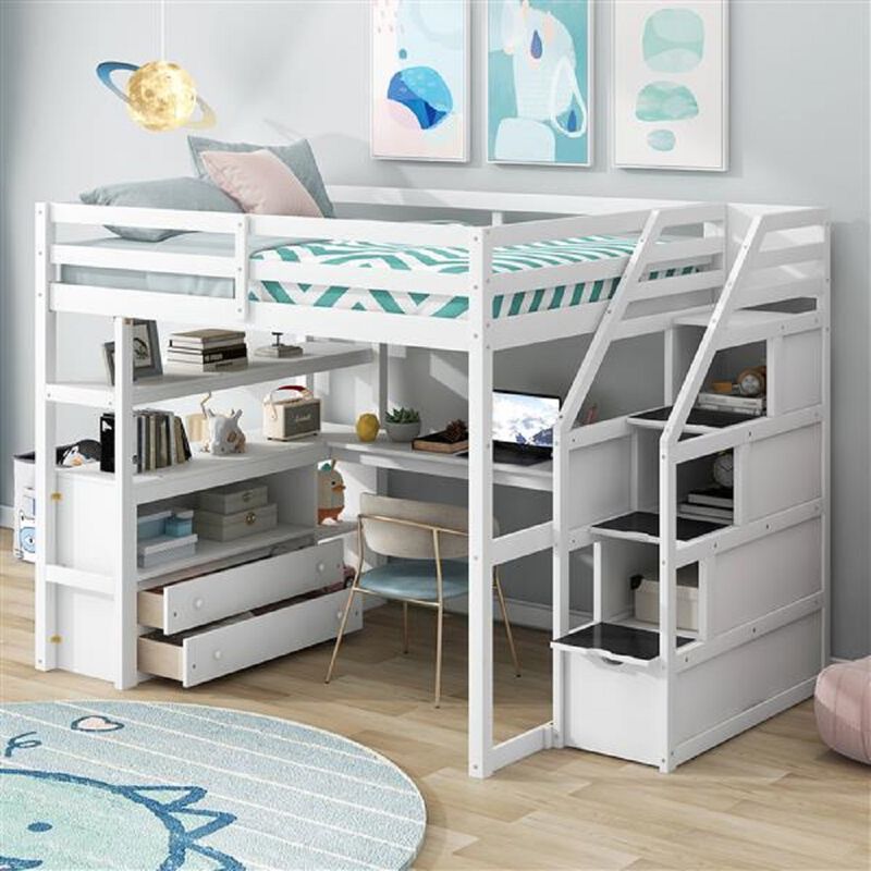 Multi-functional Loft Bed with Desk, Shelves, Storage Staircase, and Two Drawers