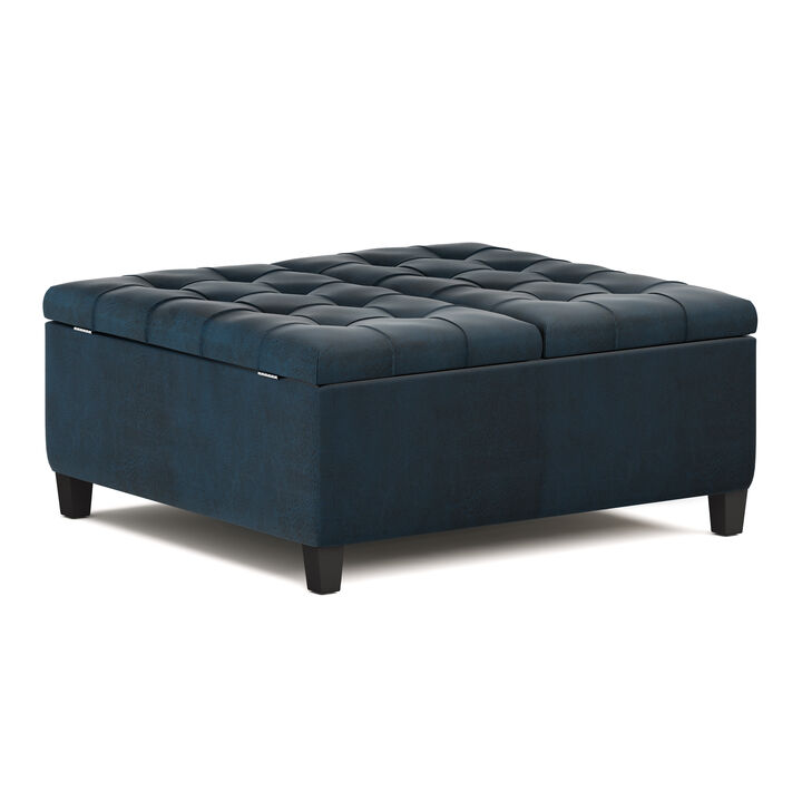 Harrison 36 inch Wide Traditional Square Coffee Table Storage Ottoman in Distressed Dark Blue Vegan Faux Leather, Assembled