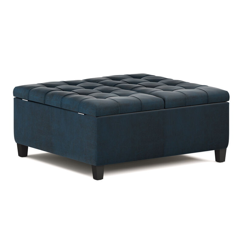 Harrison 36 inch Wide Traditional Square Coffee Table Storage Ottoman in Distressed Dark Blue Vegan Faux Leather, Assembled image number 0