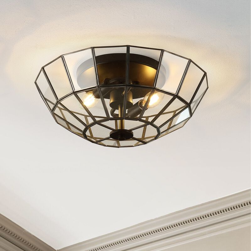 Theo 2-Light Farmhouse Rustic Iron/Glass LED Semi Flush Mount