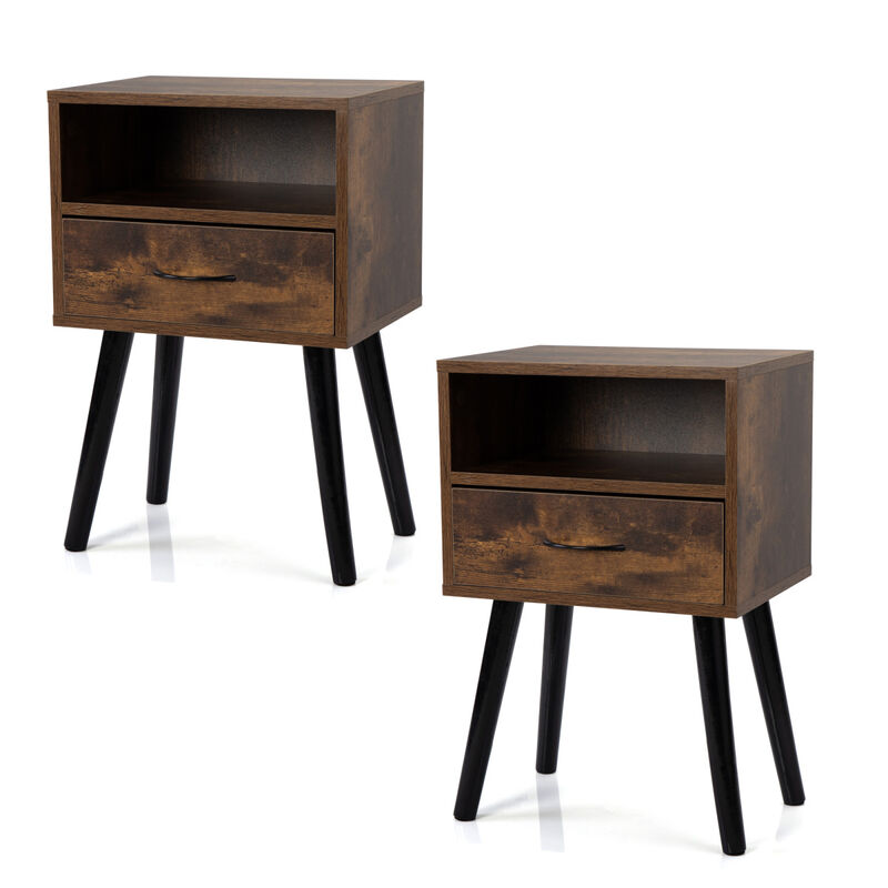 Set of 2 Mid Century Nightstand, Side Table with Drawer and Shelf, End Table for Living Room Bedroom, Rustic Brown