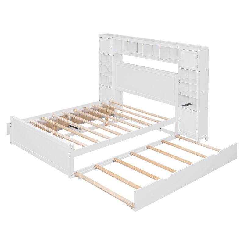 Whisen Modern Design Full Size Wooden Bed With All-in-One Cabinet, Shelf and Twin Size Trundle - White
