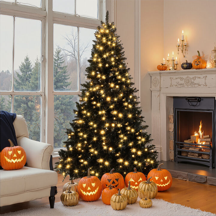 Whisen 6FT Pre-lit Black Artificial Hinged Christmas Tree, Holiday Spruce Xmas Tree with 920 Branch Tips and 280 Color LED Changing Lights