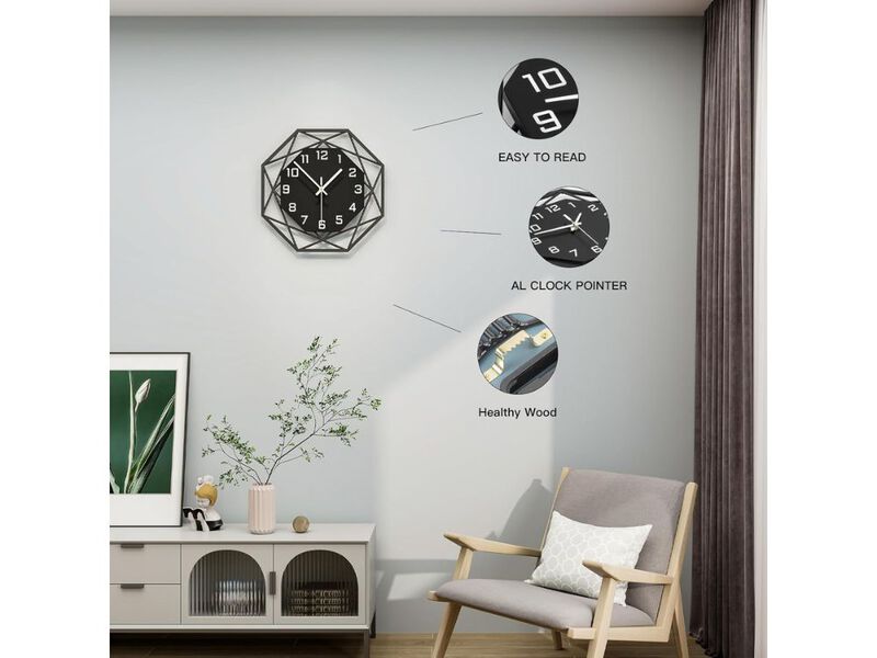Modern Wall Clock 12 Inch Black Silent Non Ticking Battery Operated Minimalist image number 1