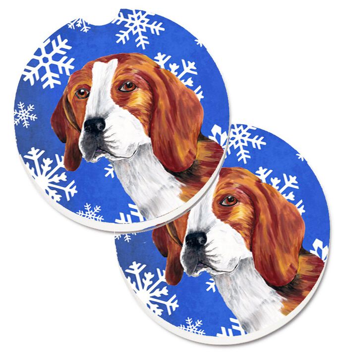 Caroline's Treasures Beagle Winter Snowflakes Holiday Set of 2 Cup Holder Car Coasters SC9369CARC, 2.56, Multicolor