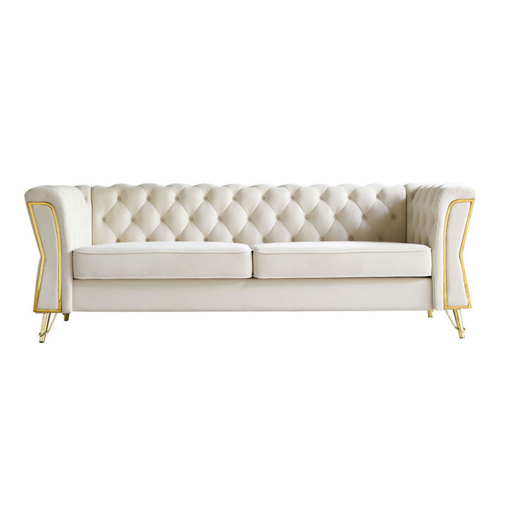 Modern Tufted Velvet Sofa 87.4 inch for Living Room Beige Color