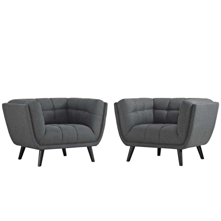 Modway Bestow Mid-Century Modern Upholstered Fabric Living Room Armchairs, 2 Piece, Gray
