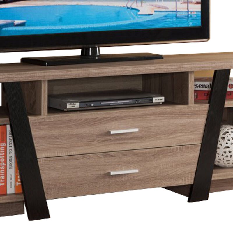 Striking TV Stand With Storage Option, Black and Light Brown-Benzara