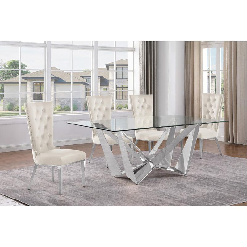 5pc Small(78") glass dining set with silver base and 4 Cream side chairs