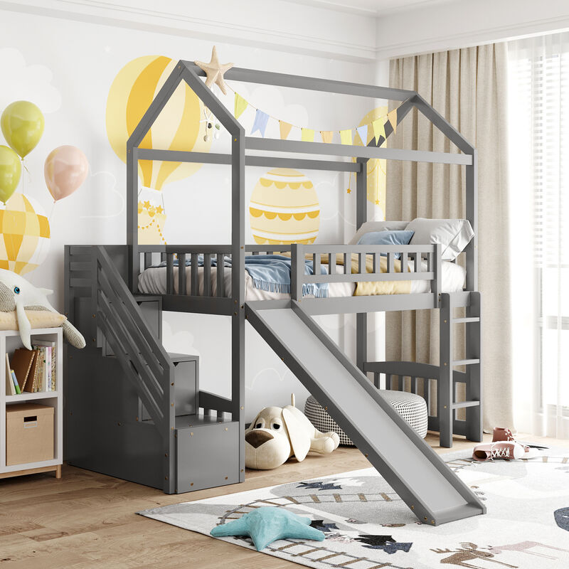 Merax House Loft Bed with 2 Drawers and Slide