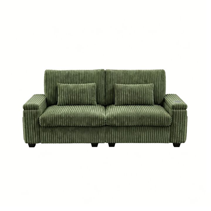 Vipbear 91" Corduroy 2-Seater Loveseat Sofa with Flip-Up Storage Armrests, USB & Type-C Charging