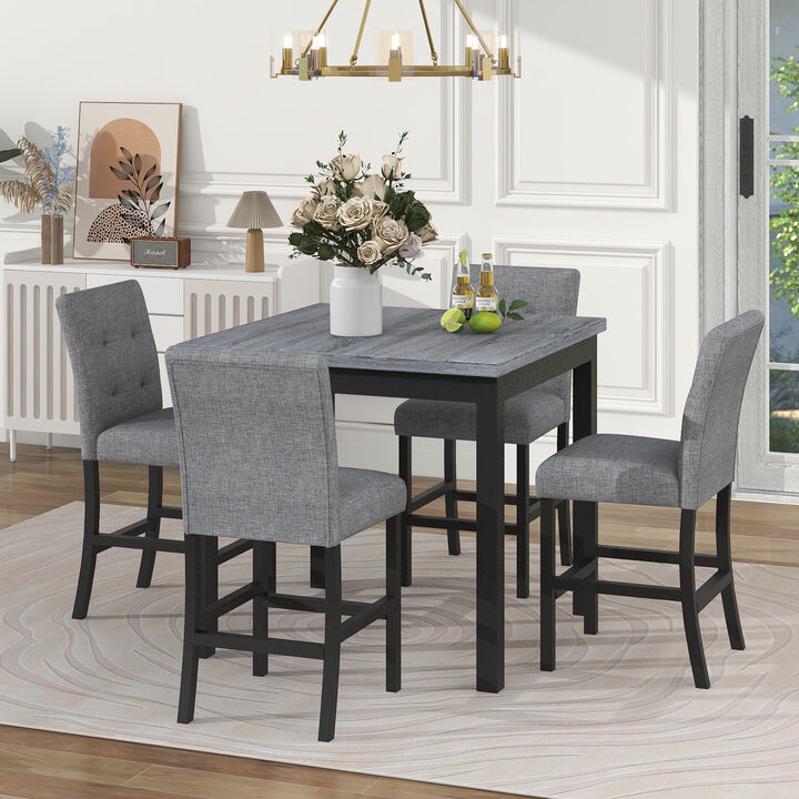 5-Piece Counter Height Dining Set Wood Square Dining Room Table and Chairs Stools w/Footrest & 4 Upholstered high-back Chairs,Black