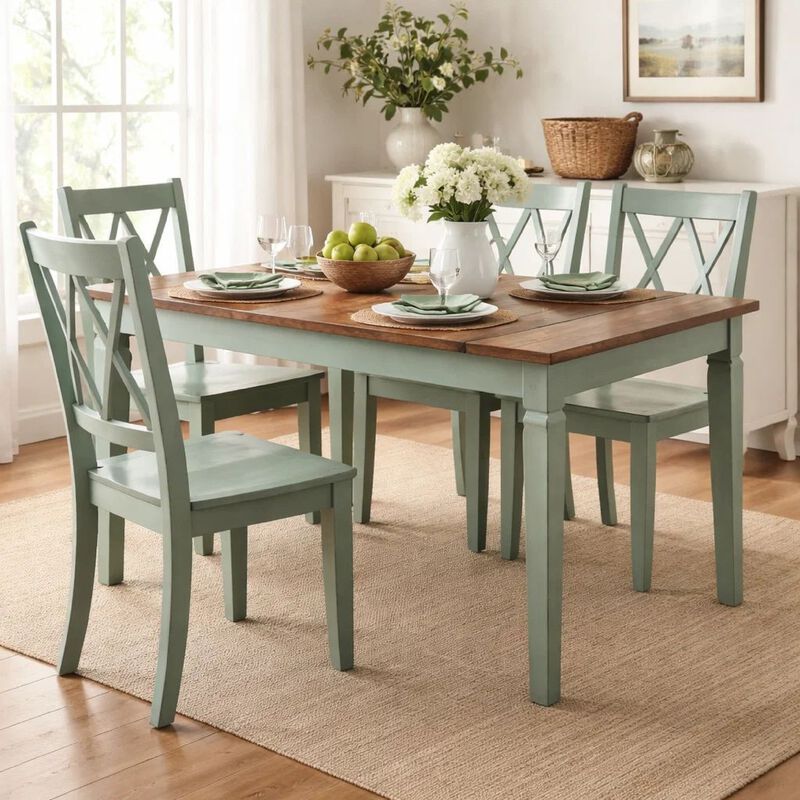 Pine Veneer Side Chair With Double X Cross Back, Teal Blue, Set of 2 image number 5