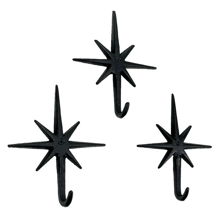 Set of 3 Black Finish Cast Iron 8-Pointed Atomic Starburst Wall Hooks - Mid-Century Modern Elegance - Easy Install - Perfect for Vintage and Eclectic Decor