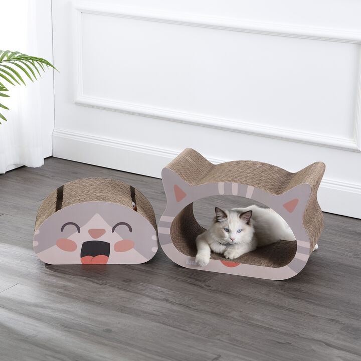 Opal 19" Modern Cardboard Happy Cat Head 2-in-1 Cat Cave Scratcher with Built-In Bell Toys and Catnip, Cream/Peach