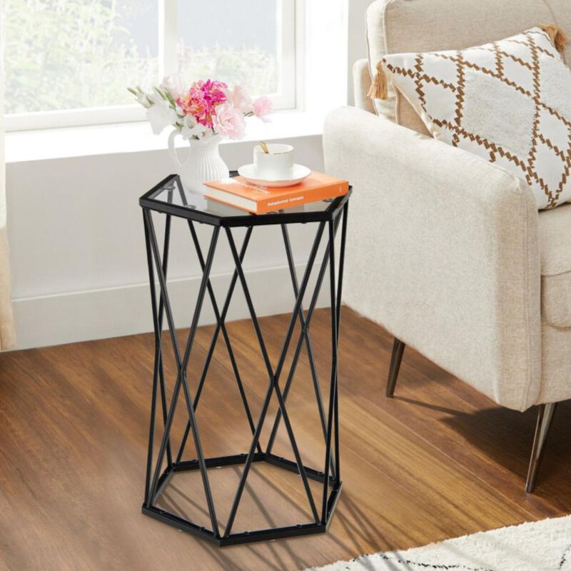 Hivvago Hexagonal Accent End Table with Tempered Glass Top and Metal Frame