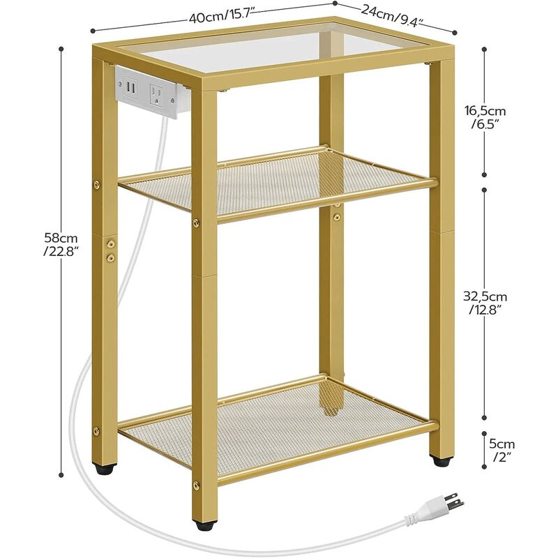 3-Tier End Table with Tempered Glass Shelves, USB and Power Outlet-Gold image number 2