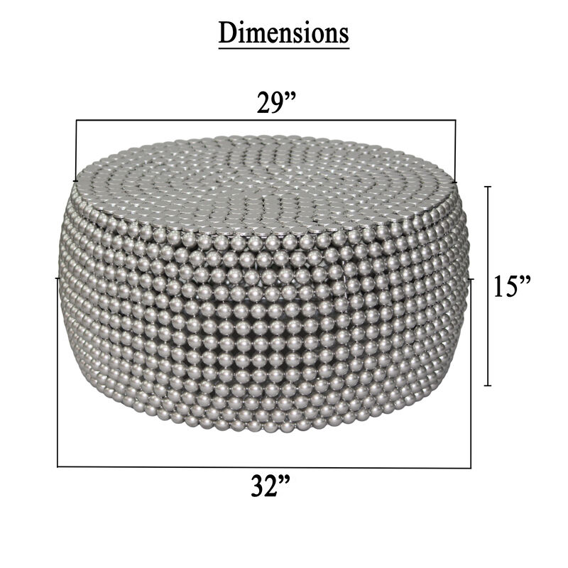 Eve 32" Coffee Table | Silver Metallic Beads Studded Pattern | Nickel Coated Iron Frame