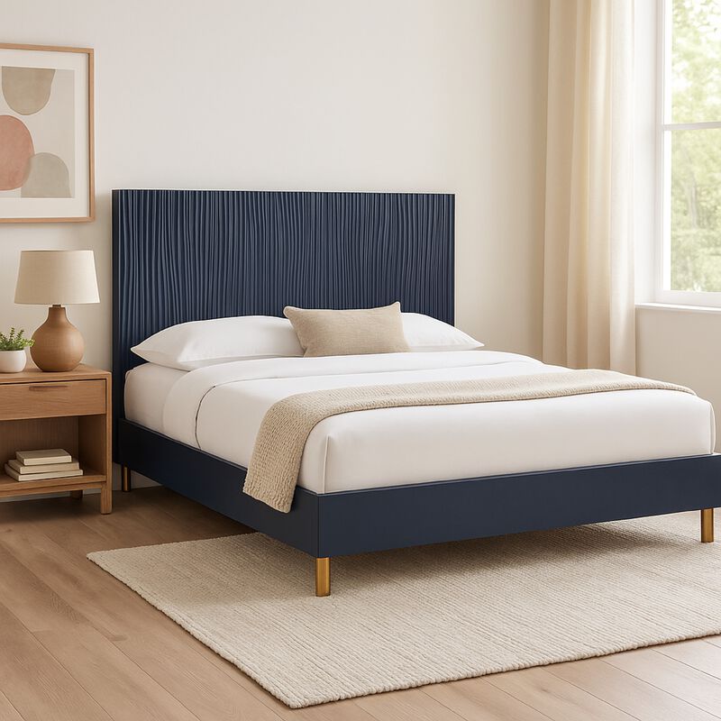 Herst Modern Queen Bed, Brass Metal Legs, Wavy Textured Navy Blue Headboard - Benzara