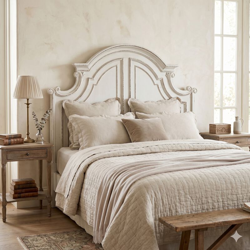 Antique White, Weathered Bark King Headboard, Solid Wood Frame, European Design image number 7