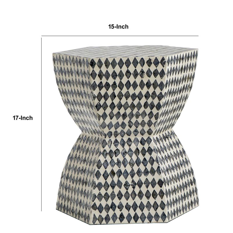 17 Inch Modern Hexagonal Table Stool, Capiz Inlaid Platform, White, Black