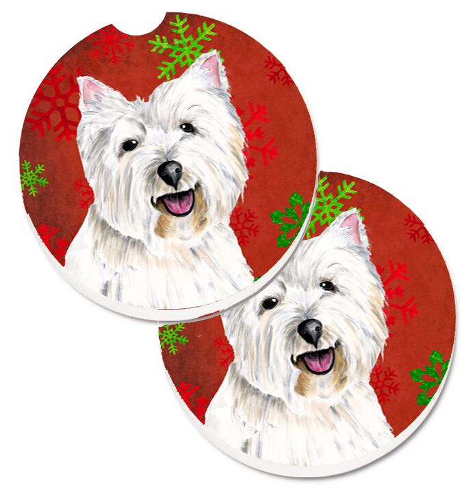 Caroline's Treasures Westie Red & green Snowflakes Holiday Christmas Set of 2 Cup Holder Car Coasters SC9410CARC, 2.56, Multicolor