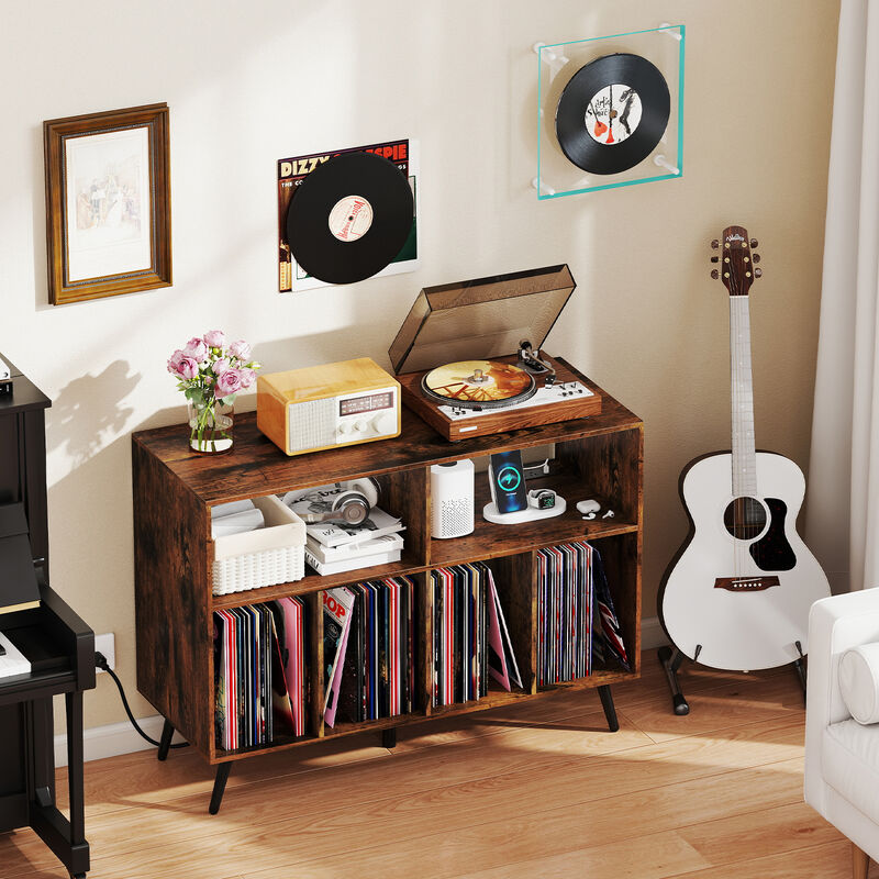 Record Player Stand with Charging Dock and Open Shelves for Media-Rustic Brown image number 4