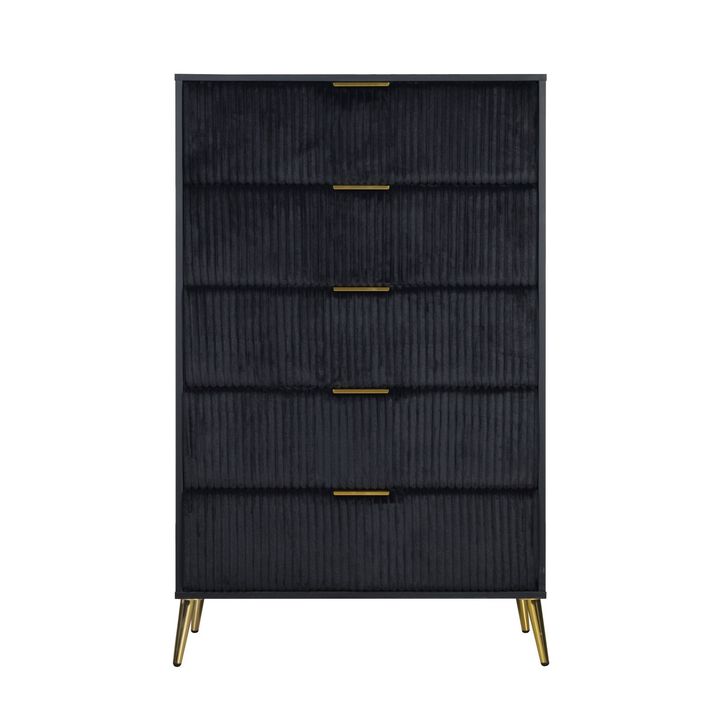 Moko 51 Inch Tall Dresser, 5 Soft Upholstered Drawers, Black, Gold