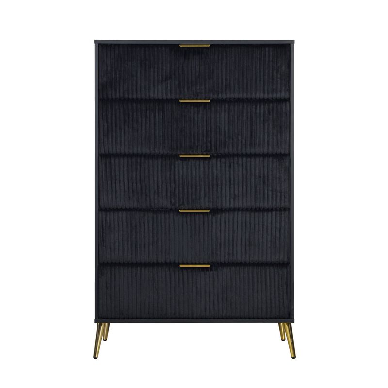 Moko 51 Inch Tall Dresser, 5 Soft Upholstered Drawers, Black, Gold