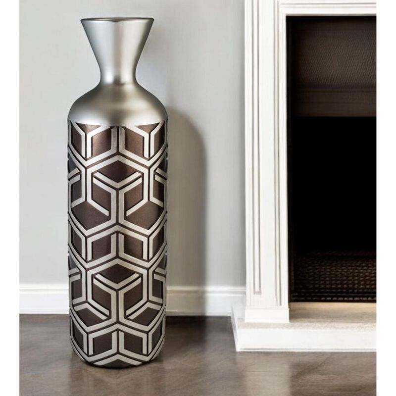 Hivvago 22 Inch Brown and Silver Geometric Cylinder Polyresin Floor Vase