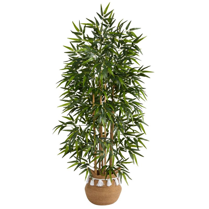 Nearly Natural 64-in Bamboo Tree in Natural Cotton Woven Planter w/Tassels image number 1