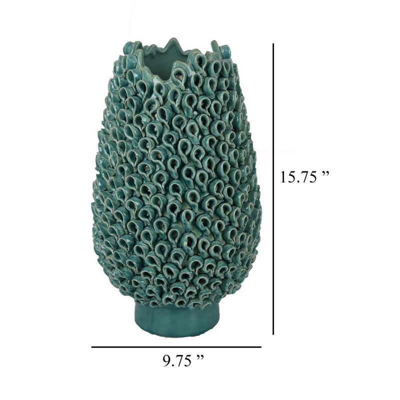 Accent Flower Vase, 3D Coral Textured Teal Green Ceramic 16 Inch - Benzara
