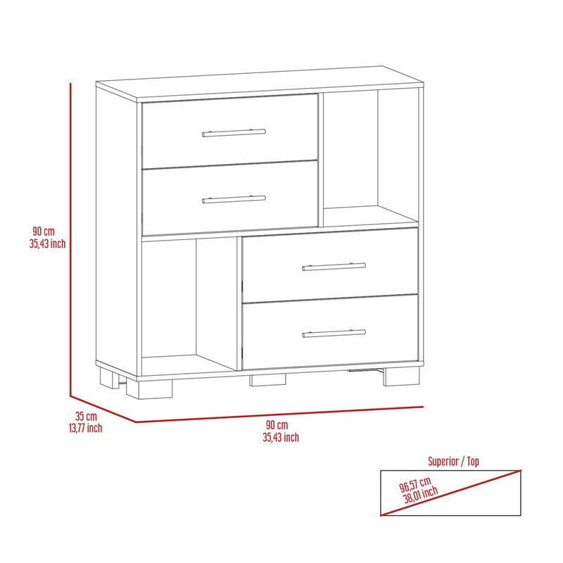 Krista Dresser, Two Open Shelves, Four Drawers - White