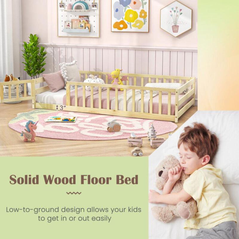 Hivvago Twin Size Kids Wood Montessori Floor Bed with Door and Fence