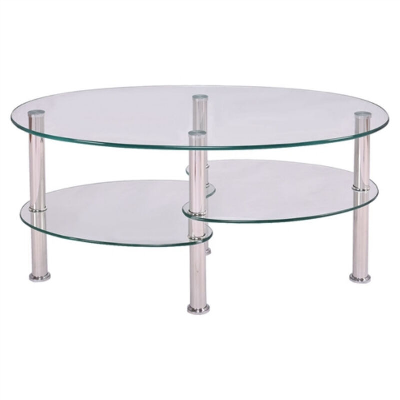 Stylish Oval Glass Coffee Table with Tempered Glass Top and Storage Shelf