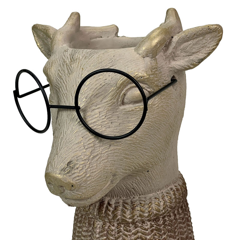 Bespectacled Deer Cement Vase 8.7" Gold Accents Knit Scarf Real Wire Glasses image number 2