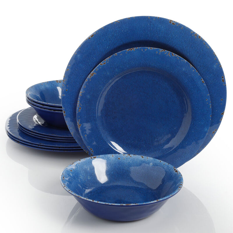Studio California Mauna 12-Piece Dinnerware Set in Cobalt Blue Crackle Look Decal