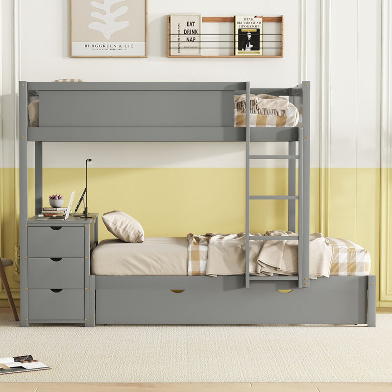 Twin Over Twin Bunk Bed With Twin Size Trundle, Storage And Desk, Gray