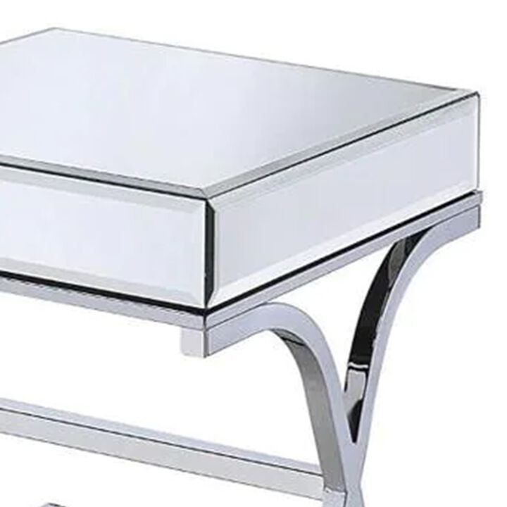 Contemporary Style Metal and Mirror Square End Table, Silver-Benzara