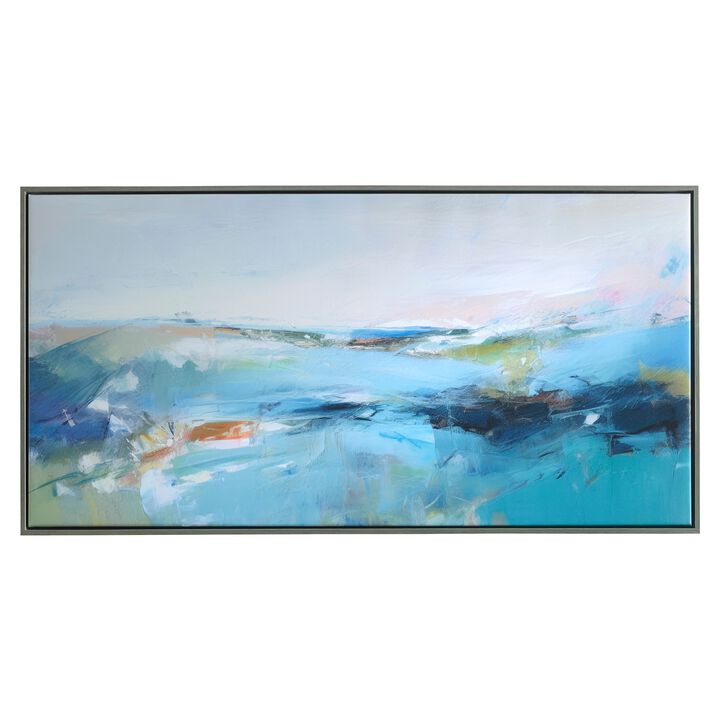 25 x 49 Handcrafted Wall Art, Waves on Framed Canvas, Silver Blue Green - Benzara