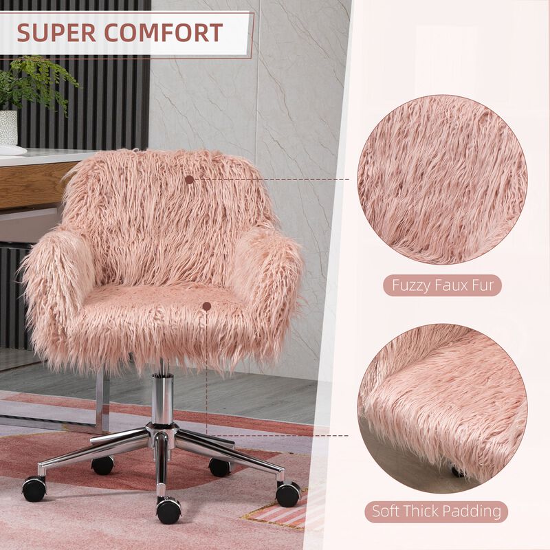 Pink Office Comfort: Faux Fur Swivel Vanity Chair with Wheels