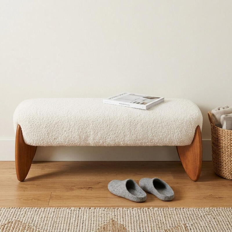 HomeRoots 50" Ivory and Brown Boucle and Solid Wood Upholstered Bench image number 1